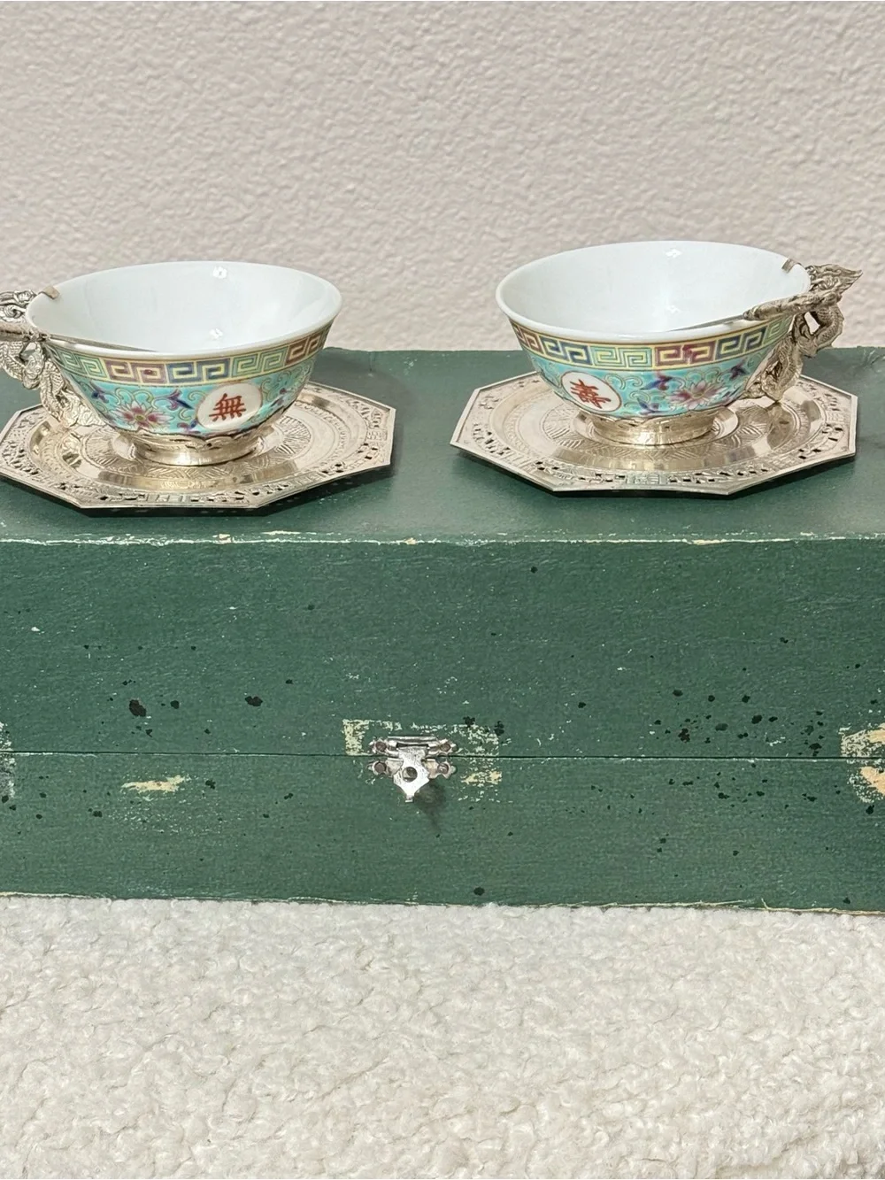 Vintage Famille Rose Tea Cup Saucer Set Pure Silver & Porcelain In Original Box